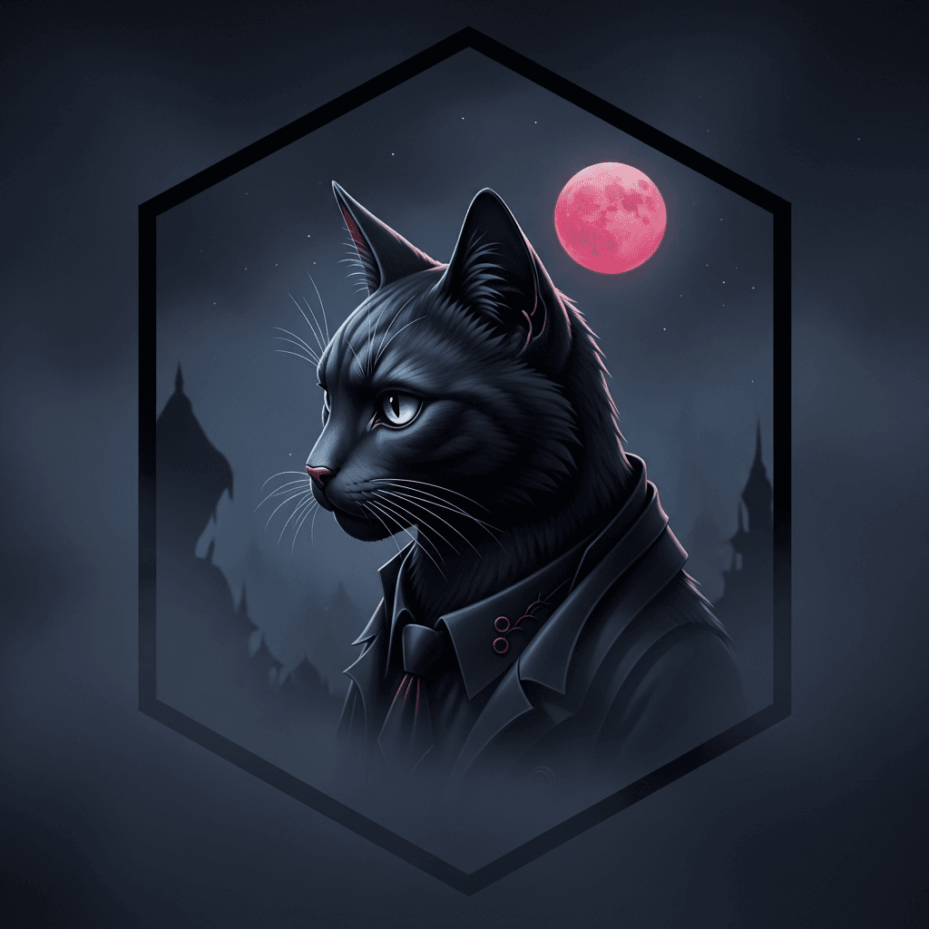 Temný detail kočky s růžovým měsícem v pozadí