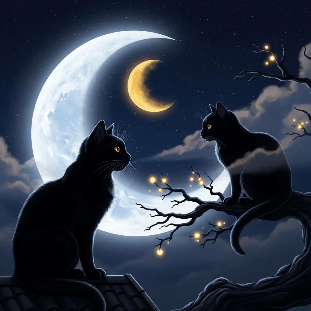 Dvě kočky na větvi pod měsícem