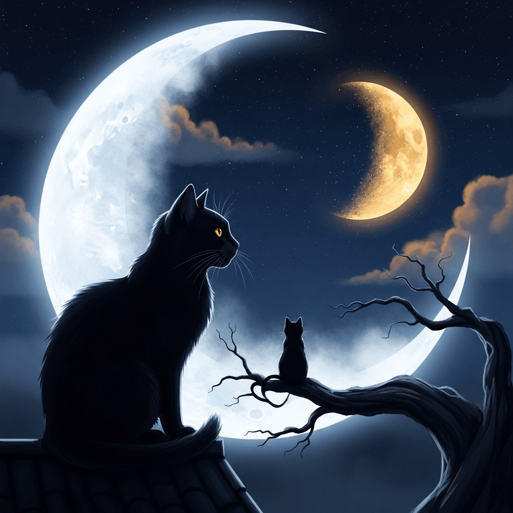 Silueta koček v měsíční krajině