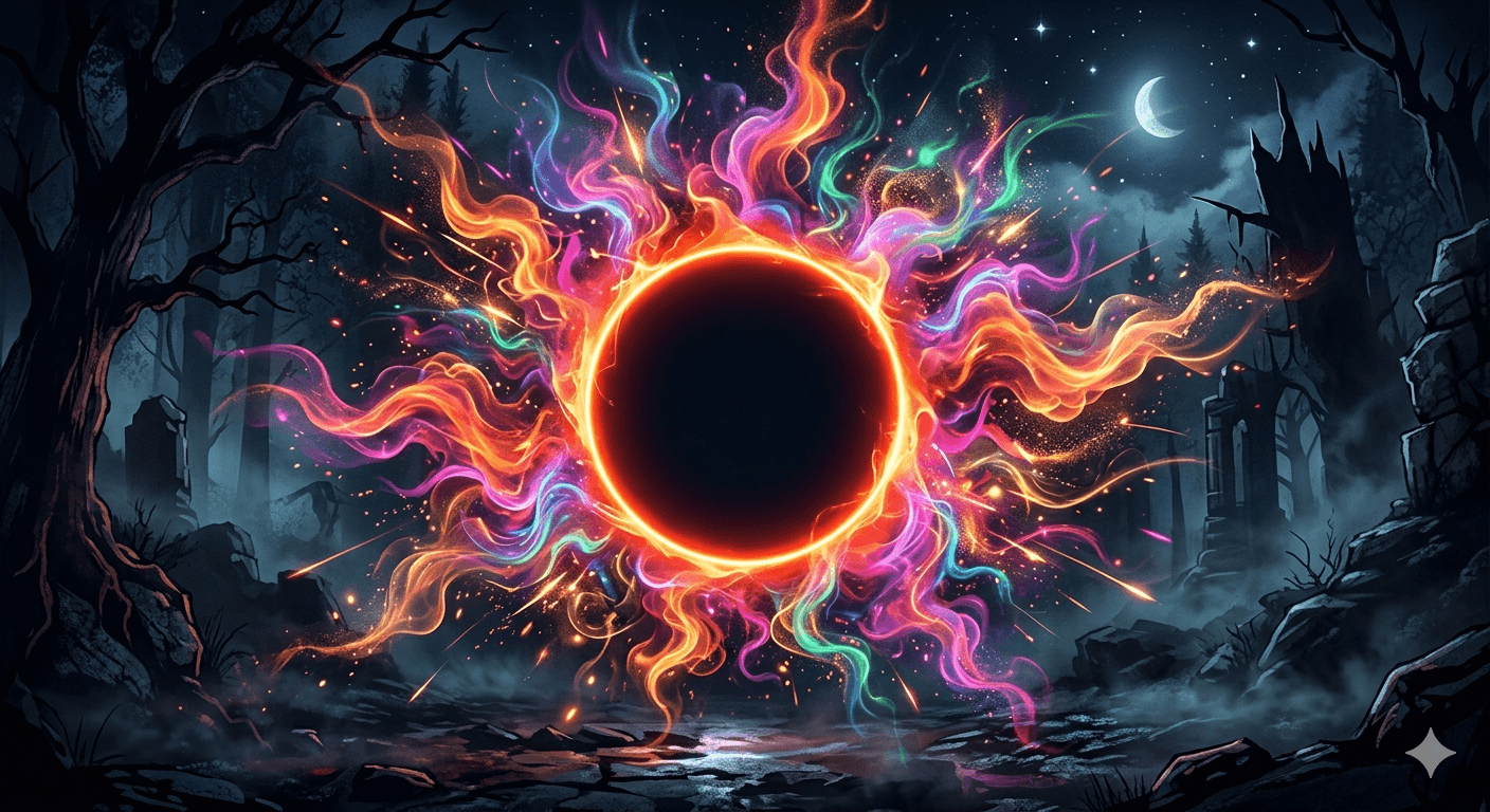 Černá kočka s neonovým obojkem pod růžovým měsícem